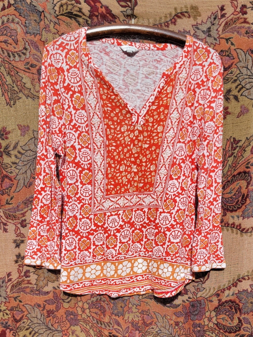 Lucky Brand Bohemian Medallion Print Top | Boho Peasant Western Tunic - Picture 4 of 9